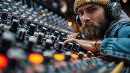professional sound engineer working in a control room filled with high-tech equipment, focusing intently on the mixer and monitoring sound quality through headphones