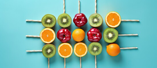 A fruity tic tac toe game arranged on a blue background promoting the idea of healthy eating The image features fruits and straws with a flat lay composition. with copy space image