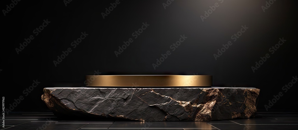 Fototapete A podium made of bronze stone adorned with gold leaf is set on a sleek black background This minimalistic display creates a perfect scene for presenting products with plenty of copy space for showcasi