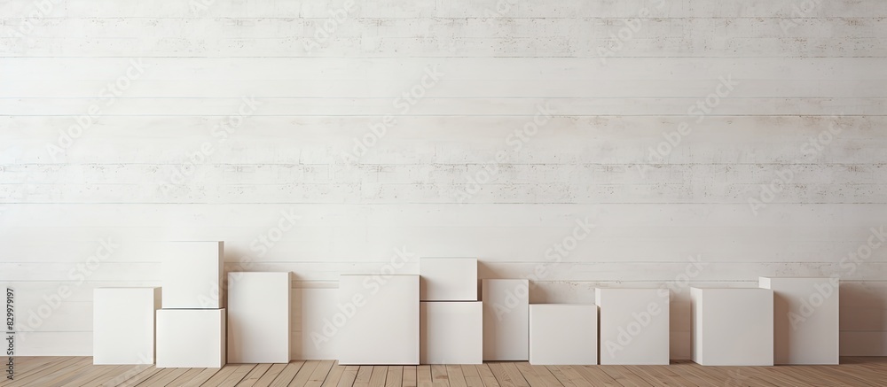 Poster close up of a group of cardboard boxes arranged against a copy space image of a white wooden wall