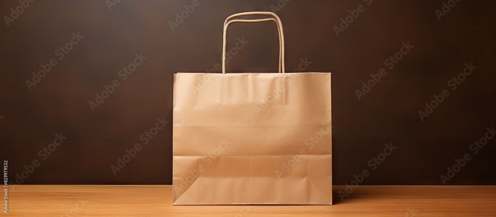 Poster copy space image featuring a recyclable paper bag isolated on a brown paper background perfect for s