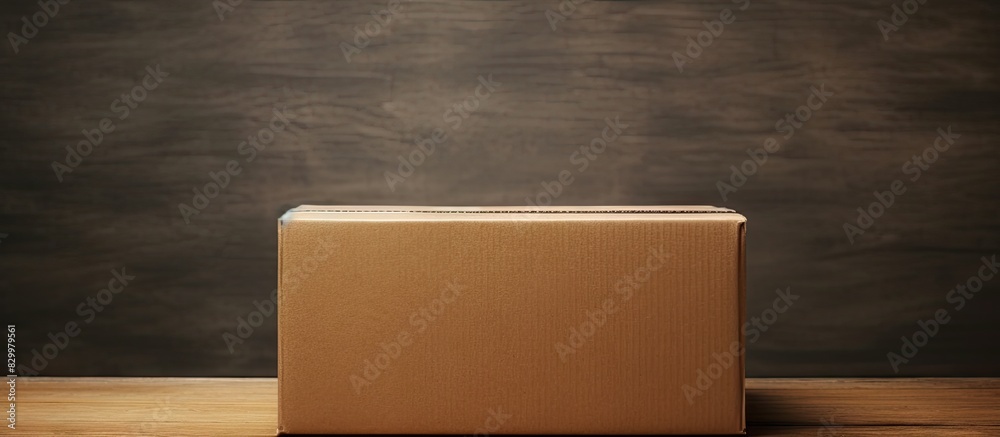 Aufkleber A cardboard box sits open on a black wooden table with a beige background creating a copy space image