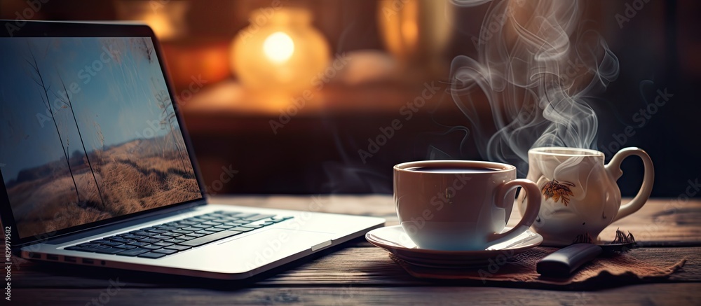 Poster a cozy desktop setup with a vintage mug filled with steaming coffee and a laptop providing a welcomi