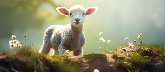 A curious lamb in the springtime stood on its hind legs to observe a buzzing insect its gaze fixed...