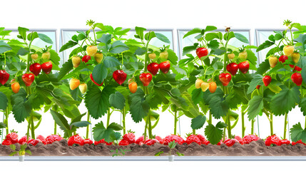 Pollination by bee, dutch glass greenhouse, cultivation of strawberries, rows with growing strawberries plants isolated on white background, realistic, png

