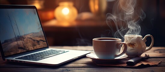 A cozy desktop setup with a vintage mug filled with steaming coffee and a laptop providing a welcoming workspace copy space image