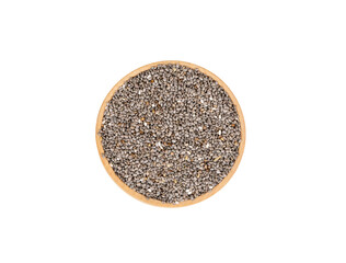 Chia seeds in wooden bowl isolated on white background, top view
