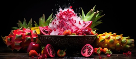 Dragon fruit half filled with fruit salad providing a blank area for displaying an image or text. with copy space image. Place for adding text or design