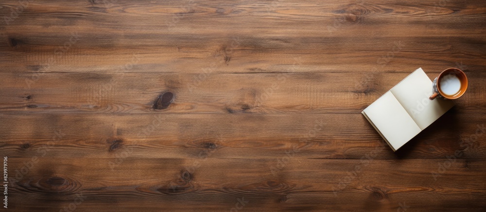 Poster From a bird s eye perspective there is a view of an old wooden desk where a blank notebook is placed providing ample empty space for an image or text