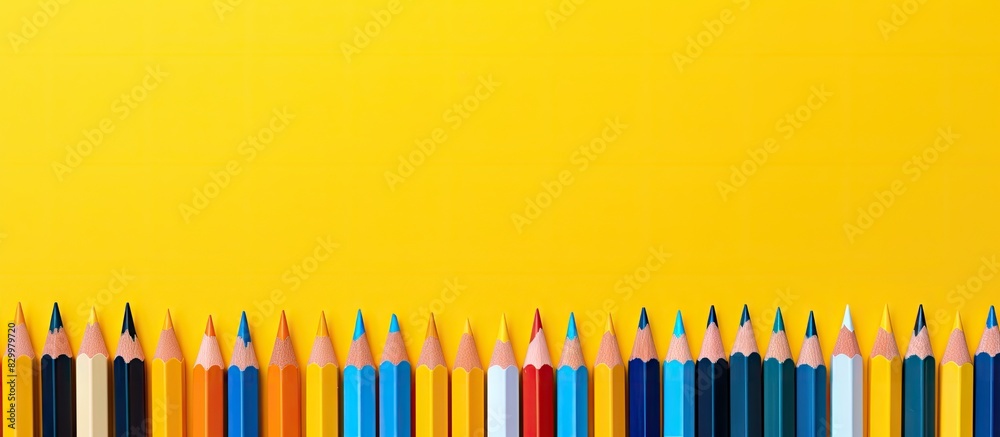 Poster new brightly colored felt tip pens on a yellow background accompanied by their caps with ample copy 