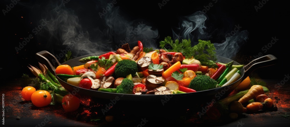 Poster A delicious assortment of vegetables is sizzling in a frying pan set against a dark background. with copy space image. Place for adding text or design
