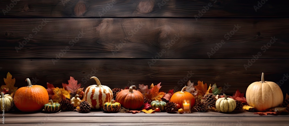 Poster at a dark wooden table there is a festive autumn background with pumpkins pine cones and leaves surr