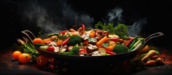 A delicious assortment of vegetables is sizzling in a frying pan set against a dark background. with copy space image. Place for adding text or design