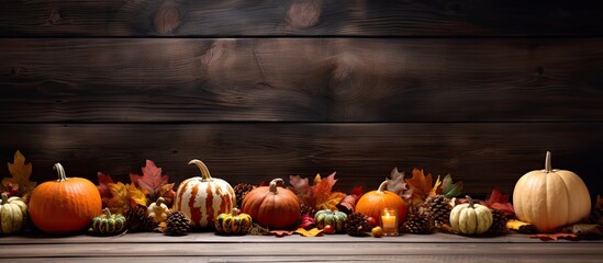 At a dark wooden table there is a festive autumn background with pumpkins pine cones and leaves surrounding a copy space image - Powered by Adobe