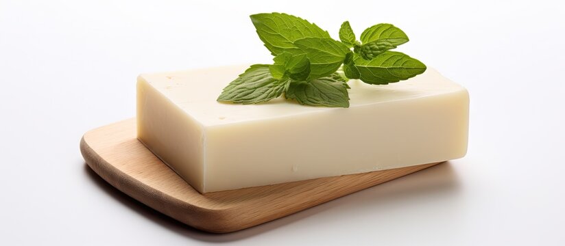 A blank label is showcased on a white background serving as a template for your logo on a natural soap Copy space image