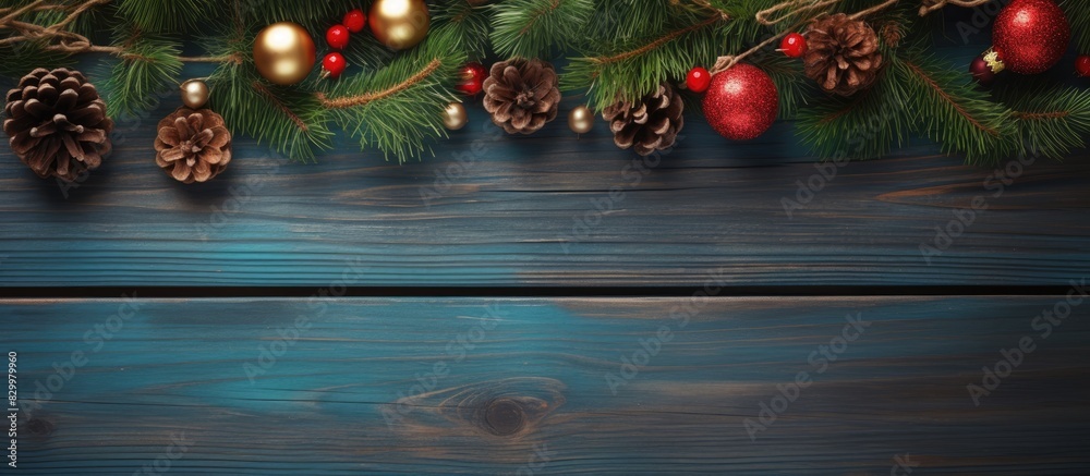 Poster Top view of a Christmas background adorned with festive fir branches and Christmas decorations Perfect for adding text with copy space image available