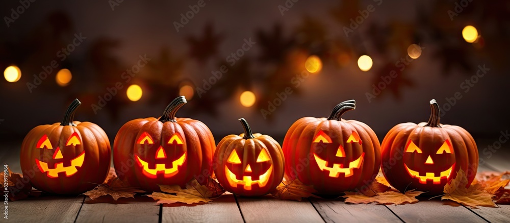 Poster Halloween themed jack o lanterns arranged on a bed of maple leaves with a white background for optimal copy space image
