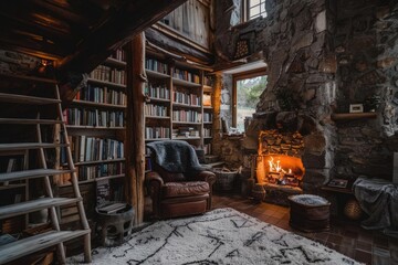 Cozy rustic library with stone fireplace, comfy chair, and wooden staircase, perfect for reading. Warm and inviting atmosphere in a forest cabin.