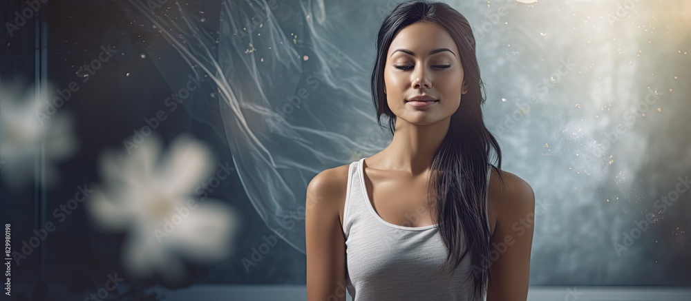 Poster An attractive Asian woman engaged in yoga on a mat is captured in the portrait with a spacious background for copy space image