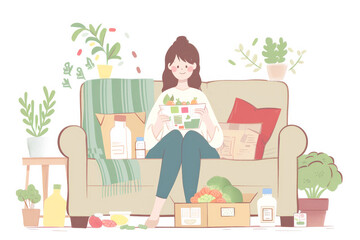 Illustration of a woman sitting on a couch reading a brochure about healthy eating, surrounded by plants and fresh vegetables.