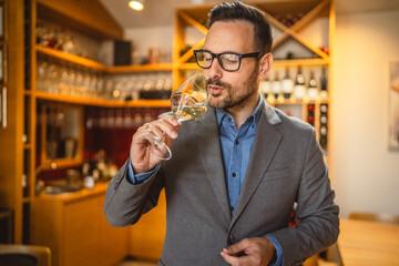 Adult man stand in a winery and drink glass of wine