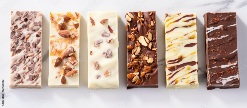 Poster Top view of delicious chocolate bars with nougat displayed on a white marble table creating a visually appealing copy space image
