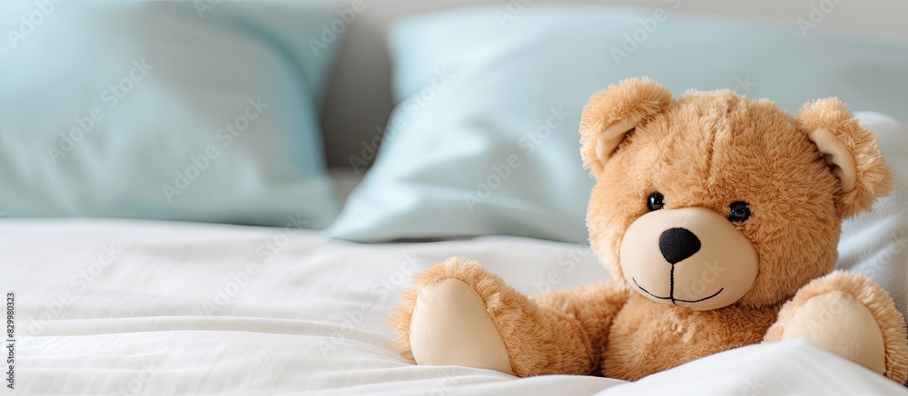 Poster a lonely teddy bear depicting waiting and loneliness rests on a bed it symbolizes the concept of hid