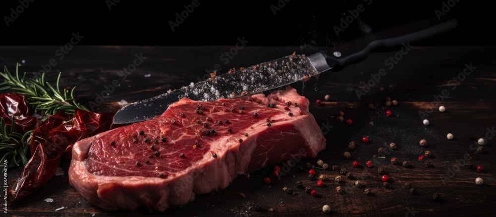Aufkleber a close up copy space image of raw meat with a chef s hatchet on a dark background