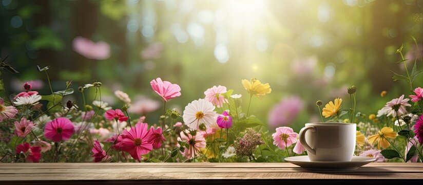 The morning garden background creates a vibrant and beautiful atmosphere behind the wood table top making it an ideal choice for a product s key visual layout 168 characters. with copy space image
