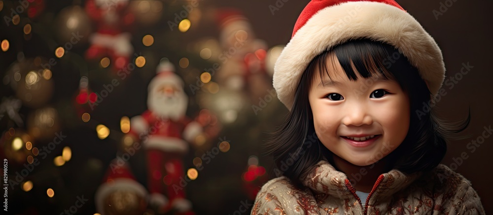 Poster a delightful baby girl with an asian background is joyfully smiling in a christmas themed setting le