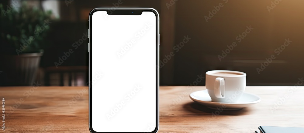 Fototapete there is a copy space image of a mock up with a white screen smartphone and an empty book resting on