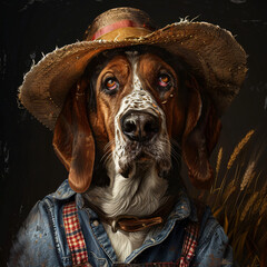 Rustic Dog Portrait in Straw Hat and Denim Outfit