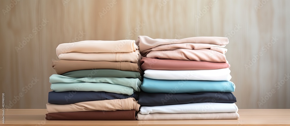 Poster Close up image of a stack of folded clothes on a light wooden table providing ample copy space