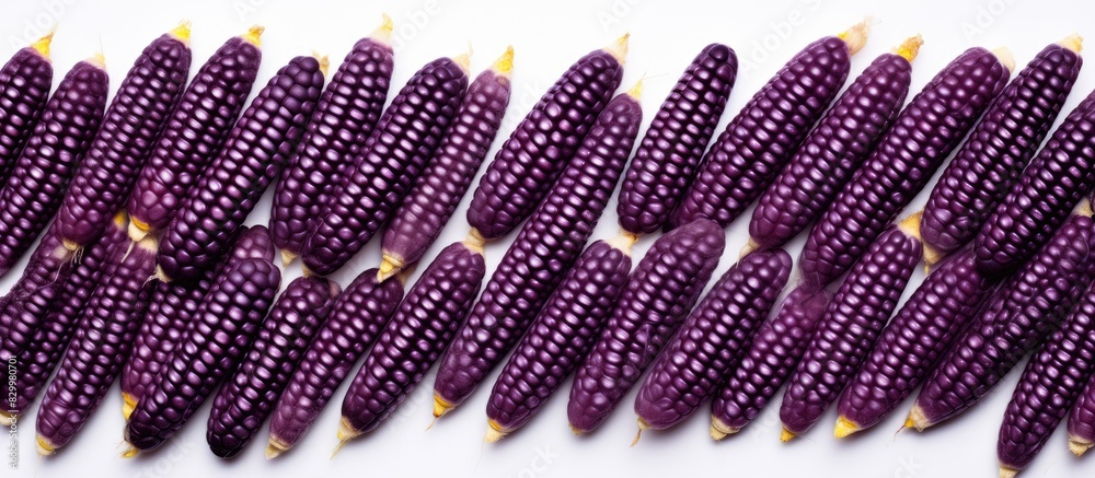 Poster a flat lay of purple corn or maize with isolated seeds on a white background allowing for ample copy
