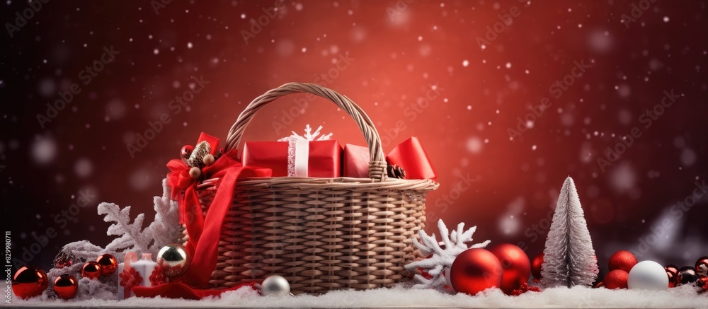 Poster a festive composition celebrating christmas and the new year it includes presents in a red basket ad