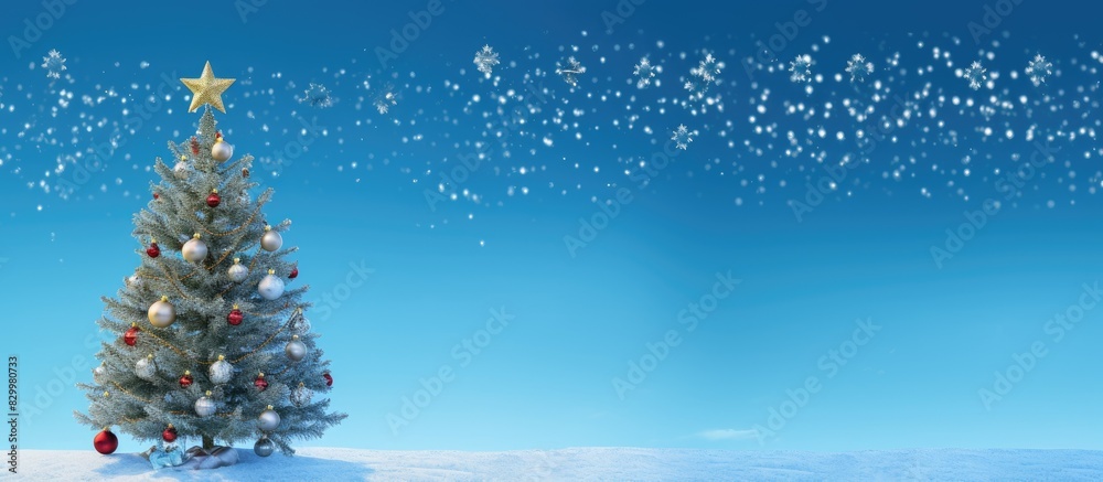 Aufkleber Blue sky with a Christmas tree adorned with decorations allowing for ample space for an image