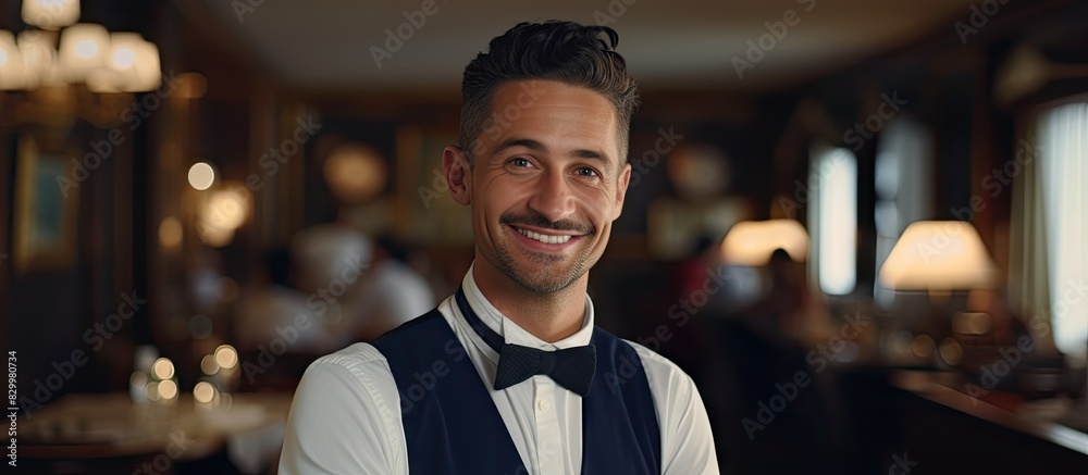 Poster a cheerful waiter employed in a hotel gazes directly at the camera with a contented smile the frame 