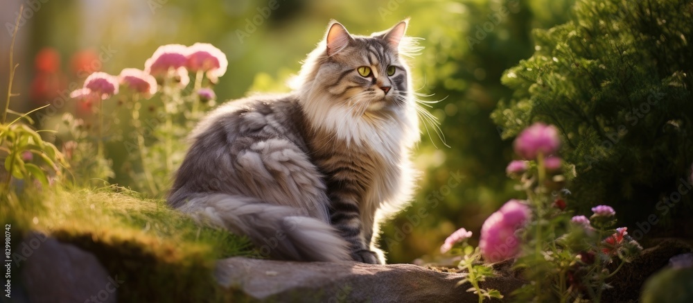 Aufkleber Cat image with British Longhair breed gracefully posing in a lush garden environment. with copy space image. Place for adding text or design