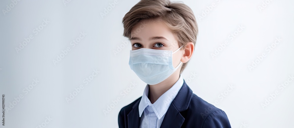 Leinwandbilder close up portrait of a school boy wearing a face mask on a white background with ample copy space av