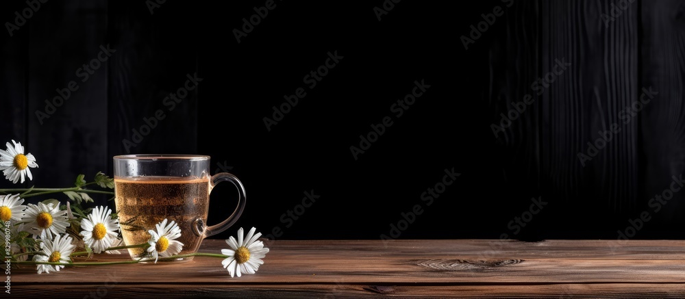 Fototapete on a black wood table there is a cup of chamomile tea with dried flowers creating a visually appeali