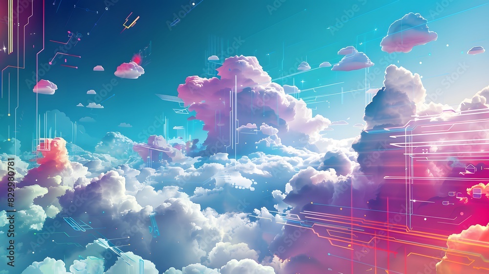 Poster a vibrant scene of cloud computing services, depicted as data and applications floating seamlessly b