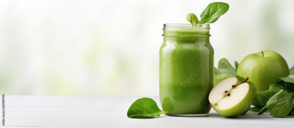 Aufkleber a detox green smoothie containing apple spinach and lime is displayed in a mason jar on a white wood