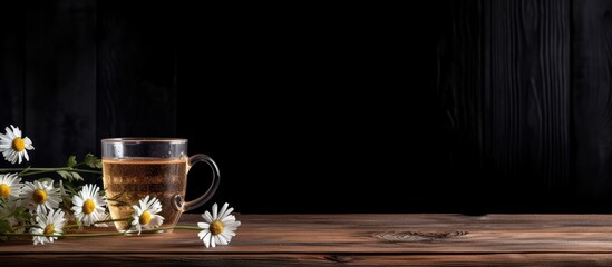 On a black wood table there is a cup of chamomile tea with dried flowers creating a visually appealing copy space image - Powered by Adobe