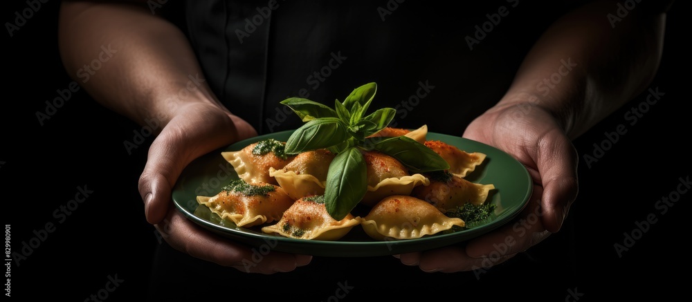 Poster a person s hand holds a plate of fresh ravioli topped with basil creating a creative composition on 