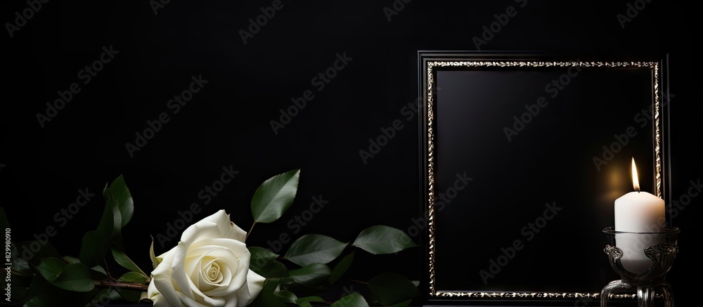 Aufkleber an elegant photo frame for a funeral featuring a ribbon white rose and candle placed on a dark table