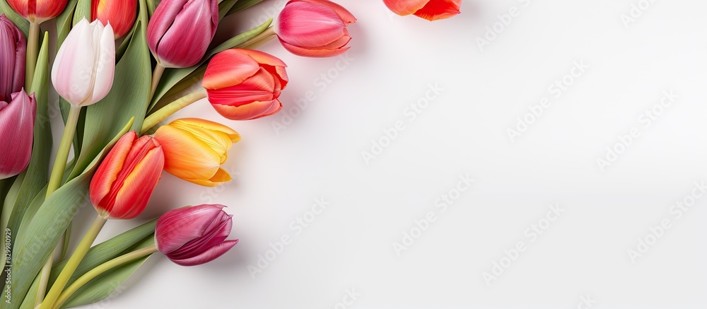 Poster a flat lay banner featuring a beautiful bouquet of tulips on a white background capturing the essenc