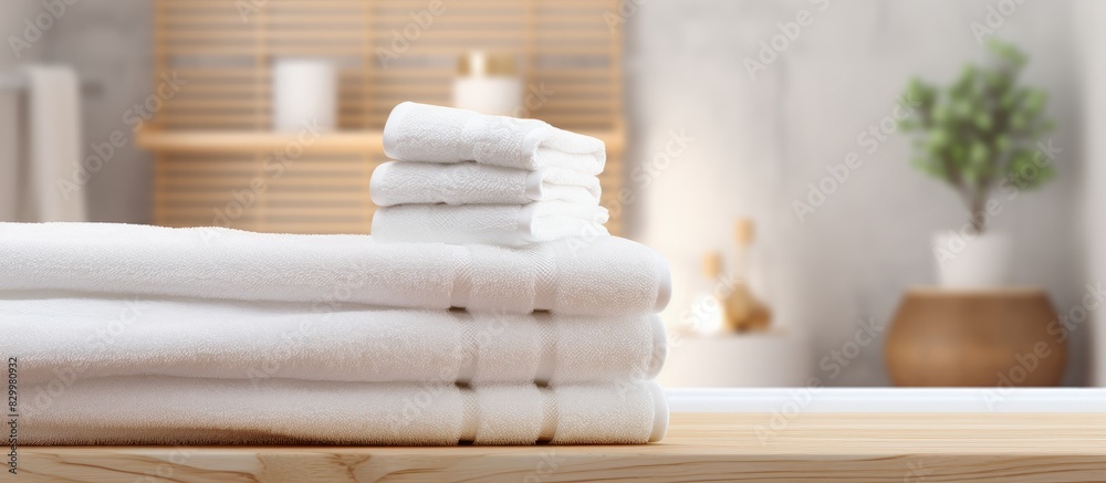 Aufkleber blurred bathroom background with a wood plate holding towels for product display ample space for ima