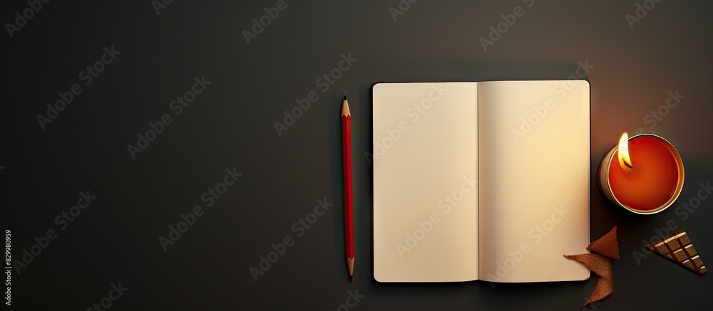 Poster a copy space image featuring a new year themed blank notepad accompanied by a pencil and candle
