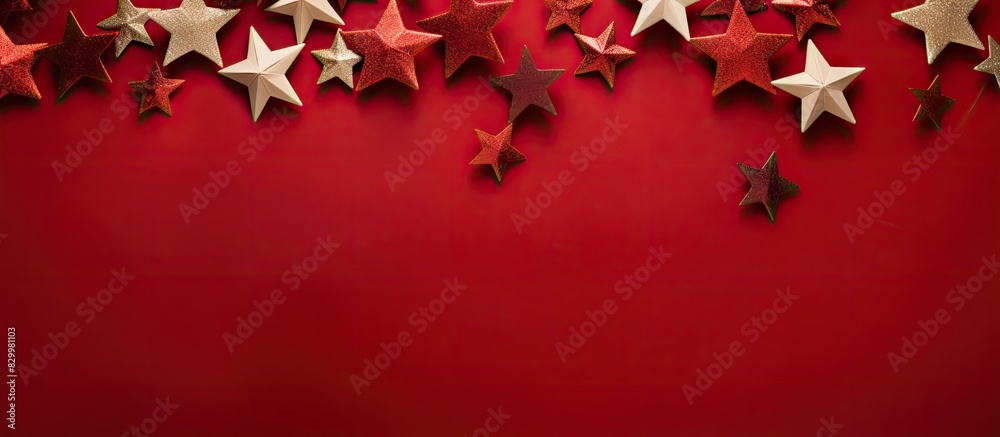 Poster Flat lay Christmas composition featuring a top view of red stars on a background with ample copy space for your text