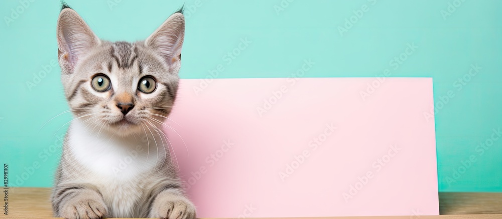 Poster an adorable pet a cute tabby cat holding a blank whiteboard against an isolated pastel color backgro